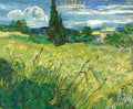 Quadro decorativo de Vincent van Gogh, "Campo de Trigo com Cipreste", mostrando um campo amarelo vibrante, um cipreste verde escuro e um céu azul com nuvens brancas e onduladas, sob uma luz dramática.