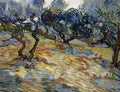 Quadro decorativo de Vincent van Gogh, Oliveiras com Céu Amarelo e Sol, exibindo troncos retorcidos de oliveiras com folhagem azul esverdeada e um céu amarelo vibrante, com pinceladas espessas e texturizadas, em um campo com tons de amarelo, laranja e azul.