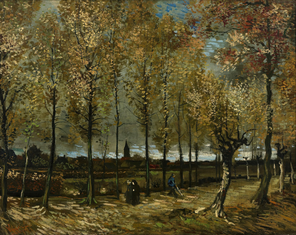 Pintura a óleo de Vincent van Gogh, 'Avenida de Poplars no Outono', mostrando uma alameda com árvores de folhas douradas e marrons, céu nublado e figuras caminhando ao fundo, com uma torre de igreja distante.