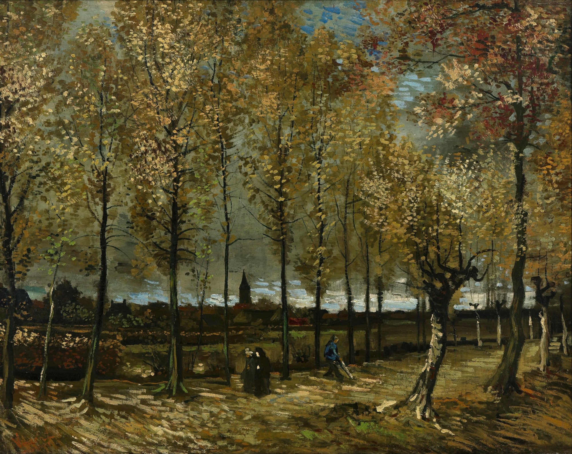 Pintura a óleo de Vincent van Gogh, 'Avenida de Poplars no Outono', mostrando uma alameda com árvores de folhas douradas e marrons, céu nublado e figuras caminhando ao fundo, com uma torre de igreja distante.