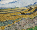Pintura a óleo de Van Gogh, 'Campo de Trigo Arado', mostrando um lavrador com cavalos arando um campo dourado sob um céu nublado, com moinhos ao fundo.