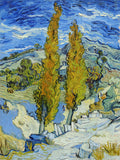 Quadro decorativo 'Paisagem com Ciprestes' de Vincent van Gogh, mostrando dois ciprestes altos e ondulantes contra um céu azul intenso e turbulento, com montanhas e vegetação em tons de verde e amarelo, e casas distantes.
