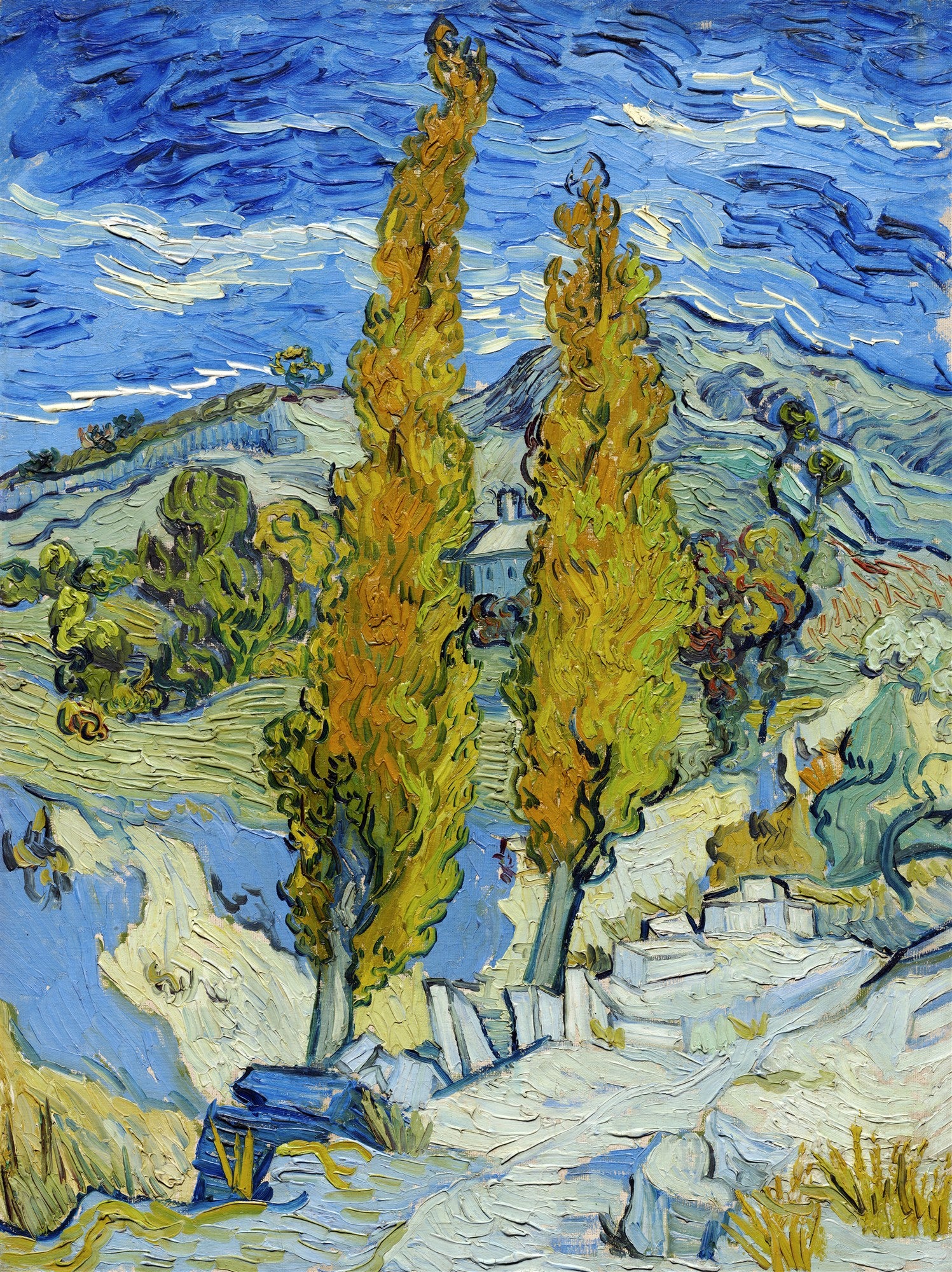 Quadro decorativo 'Paisagem com Ciprestes' de Vincent van Gogh, mostrando dois ciprestes altos e ondulantes contra um céu azul intenso e turbulento, com montanhas e vegetação em tons de verde e amarelo, e casas distantes.