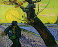 Quadro decorativo 'O Semeador ao Pôr do Sol' de Vincent van Gogh, mostrando um semeador em um campo sob um sol amarelo intenso e uma árvore escura inclinada.