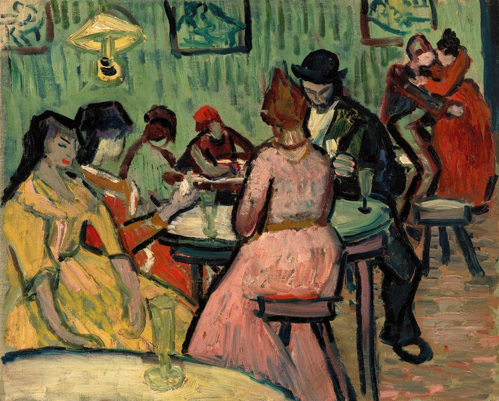 Pintura a óleo de Van Gogh, 'O Café Noturno', mostrando pessoas sentadas em mesas dentro de um café com paredes verdes e iluminação amarela