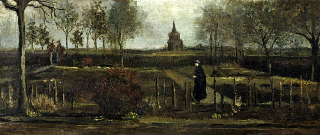 Pintura a óleo de Van Gogh, 'A Velha Torre e a Casa de Campo', retratando uma paisagem rural holandesa com uma figura caminhando em um caminho, uma torre ao fundo e árvores esparsas sob um céu nublado. A paleta de cores é predominantemente escura e terrosa, com tons de verde musgo, marrom e cinza.