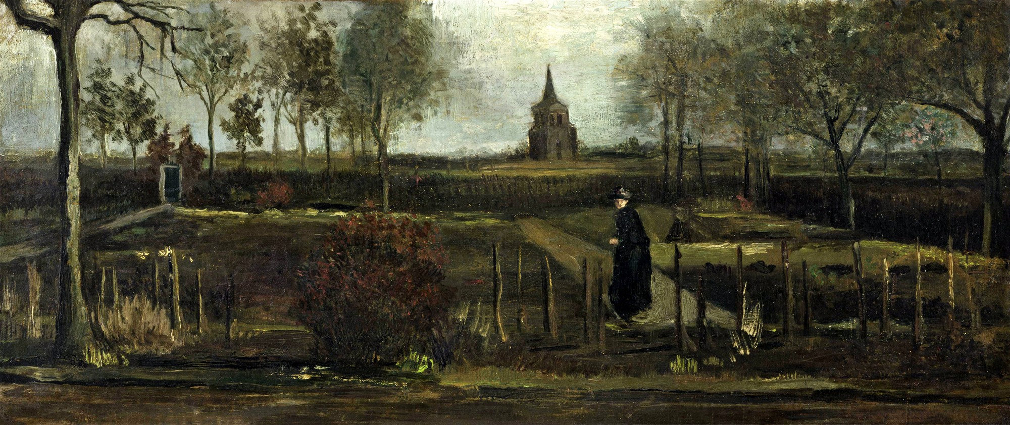 Pintura a óleo de Van Gogh, 'A Velha Torre e a Casa de Campo', retratando uma paisagem rural holandesa com uma figura caminhando em um caminho, uma torre ao fundo e árvores esparsas sob um céu nublado. A paleta de cores é predominantemente escura e terrosa, com tons de verde musgo, marrom e cinza.