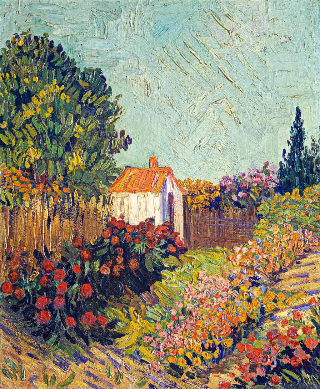 Quadro decorativo colorido de Vincent van Gogh, representando um jardim florido com uma pequena casa branca de telhado laranja, cercado por árvores e um céu azul claro.