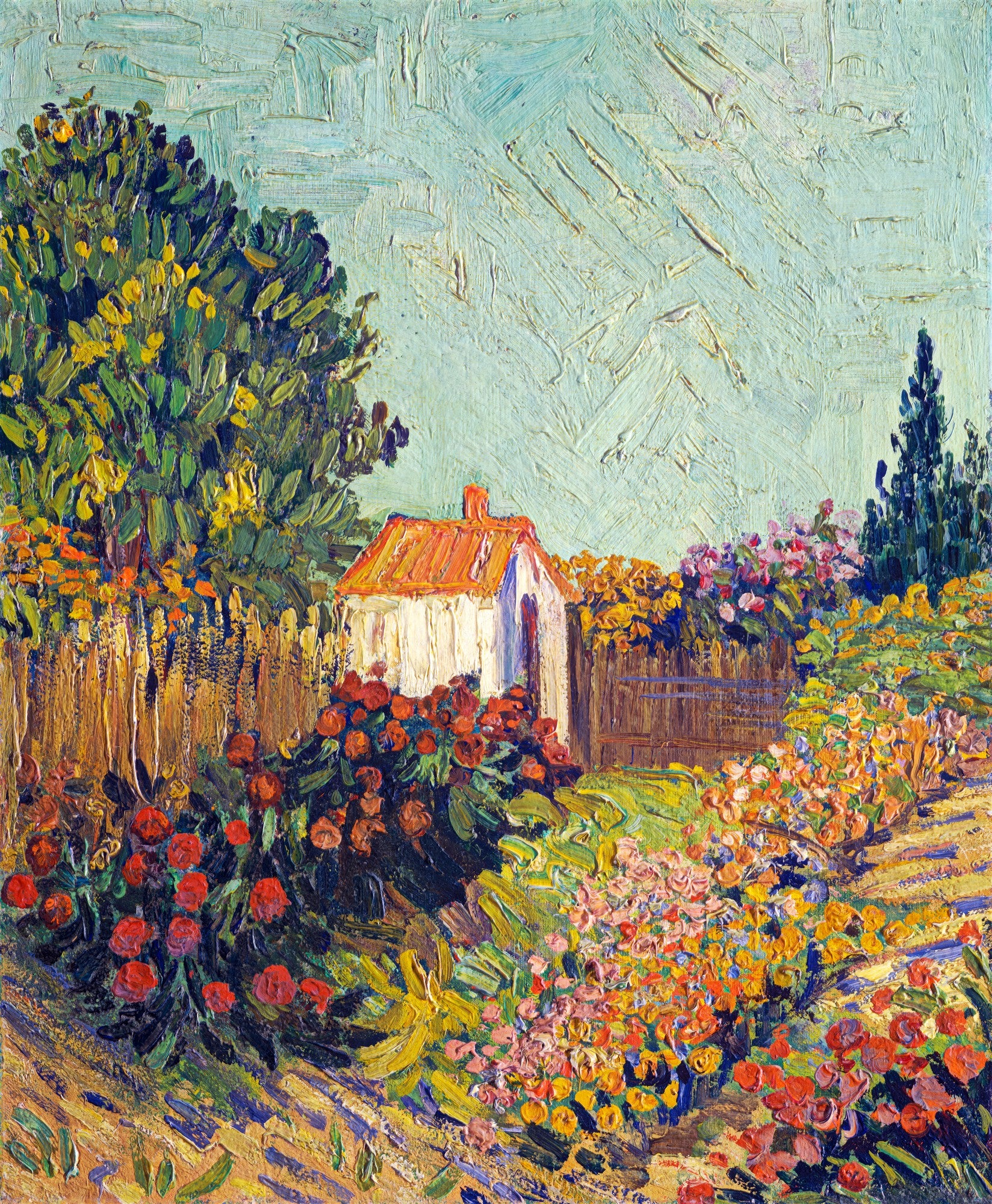 Quadro decorativo colorido de Vincent van Gogh, representando um jardim florido com uma pequena casa branca de telhado laranja, cercado por árvores e um céu azul claro.