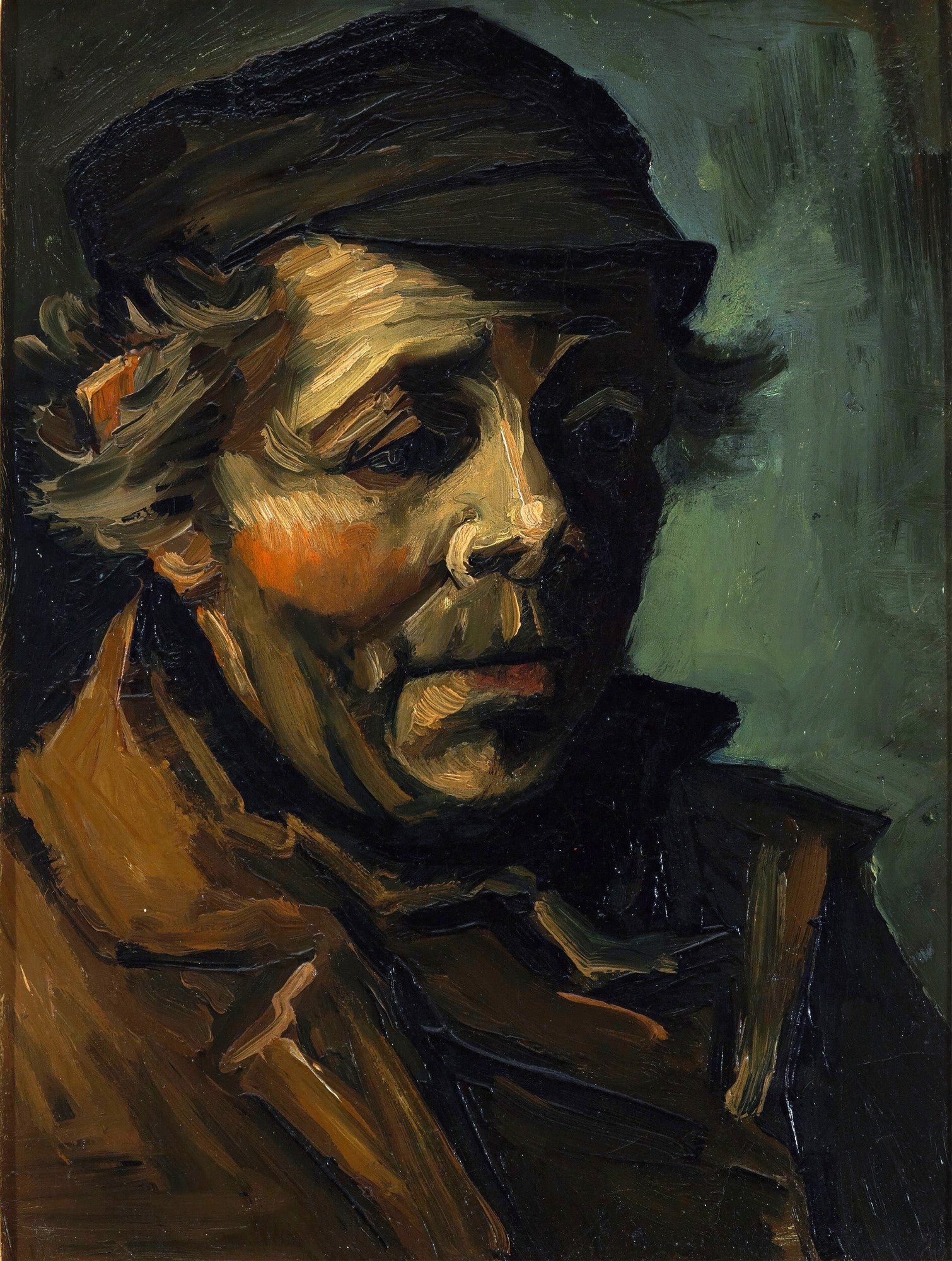 Retrato de um homem idoso com boné, pintado por Vincent van Gogh, com pinceladas expressivas e cores quentes, iluminando o rosto e criando textura.