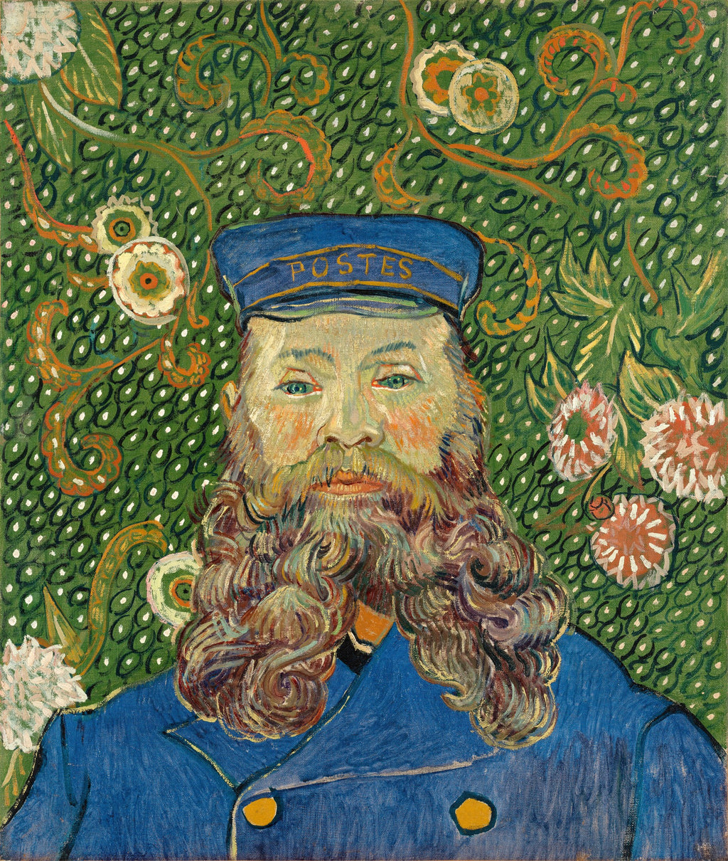 Retrato de Joseph Roulin, um homem barbudo com chapéu de carteiro azul, sobre um fundo verde vibrante com padrões florais, pintado por Vincent van Gogh.