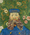 Retrato de Joseph Roulin, um homem barbudo com chapéu de carteiro azul, sobre um fundo verde vibrante com padrões florais, pintado por Vincent van Gogh.