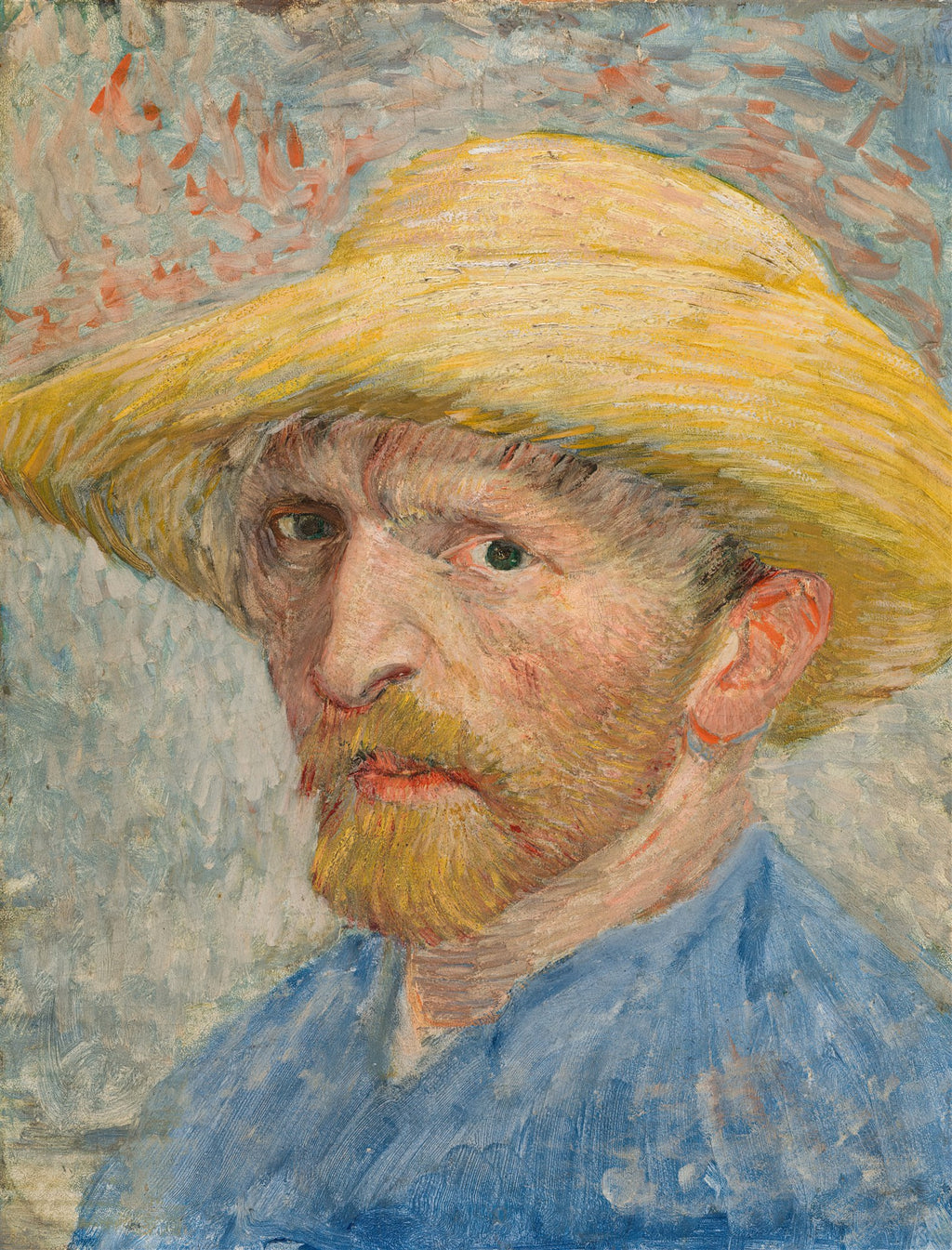 Autorretrato de Vincent van Gogh com um chapéu de palha, expressando intensidade e emoção em pinceladas vibrantes de óleo sobre tela. O artista holandês tem barba ruiva, olhos verdes e veste uma camisa azul, com um fundo de tons claros e pinceladas soltas.