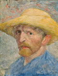 Autorretrato de Vincent van Gogh com um chapéu de palha, expressando intensidade e emoção em pinceladas vibrantes de óleo sobre tela. O artista holandês tem barba ruiva, olhos verdes e veste uma camisa azul, com um fundo de tons claros e pinceladas soltas.