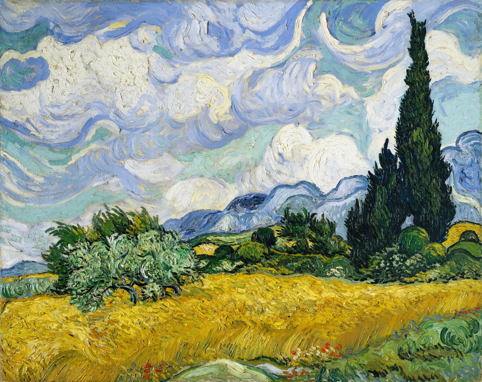 Quadro decorativo colorido de Vincent van Gogh, 'Campo de Trigo com Ciprestes', mostrando um campo de trigo dourado sob um céu azul e branco tempestuoso, com ciprestes escuros e um arbusto verde no primeiro plano. As pinceladas são visíveis e texturizadas, criando movimento na paisagem.