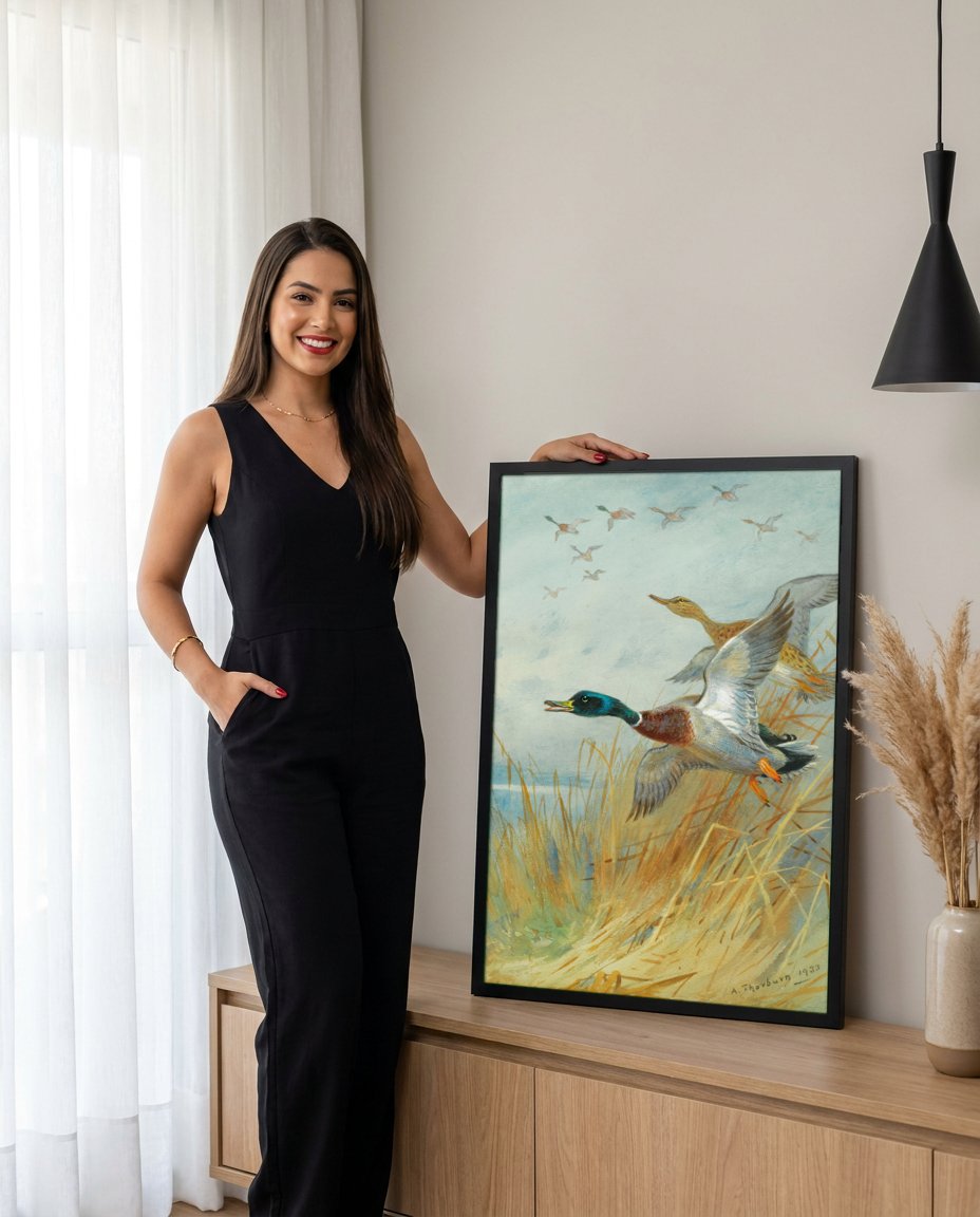Quadro Decorativo Patos Selvagens em Voo - Thorburn com modelo em ambiente