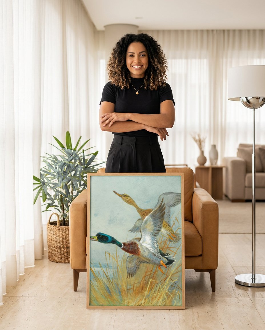 Quadro Decorativo Patos Selvagens em Voo - Thorburn com modelo em ambiente