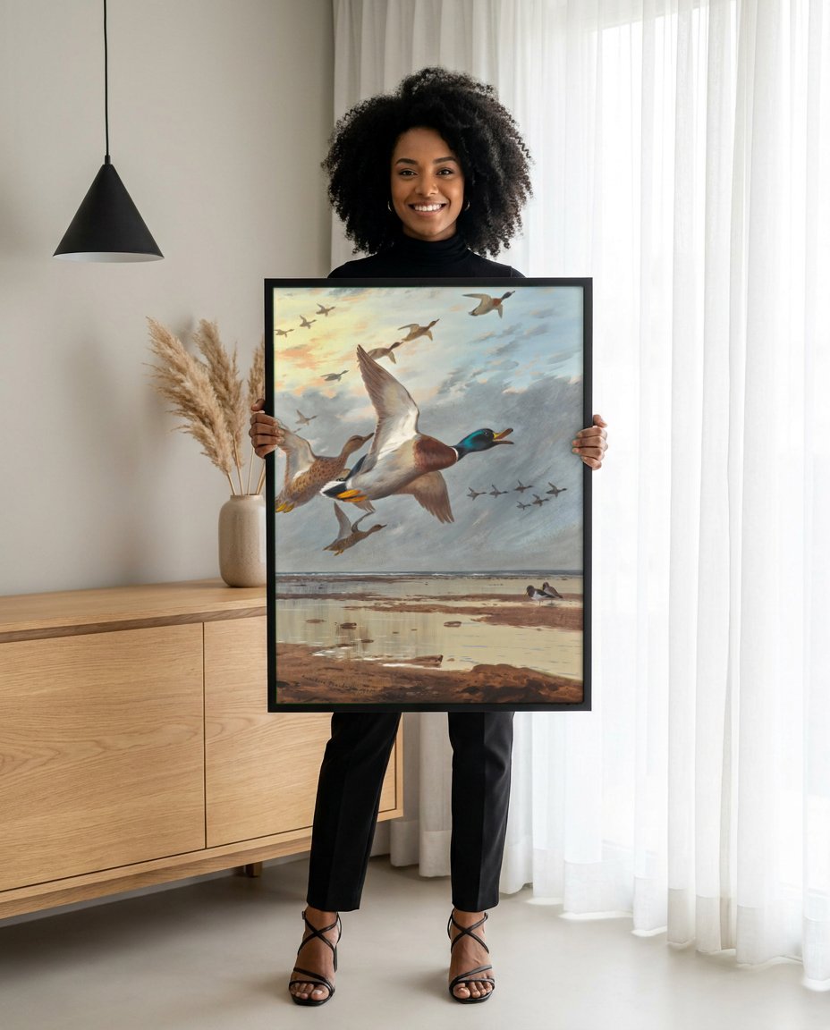 Quadro Decorativo Patos Selvagens em Voo - Thorburn com modelo em ambiente