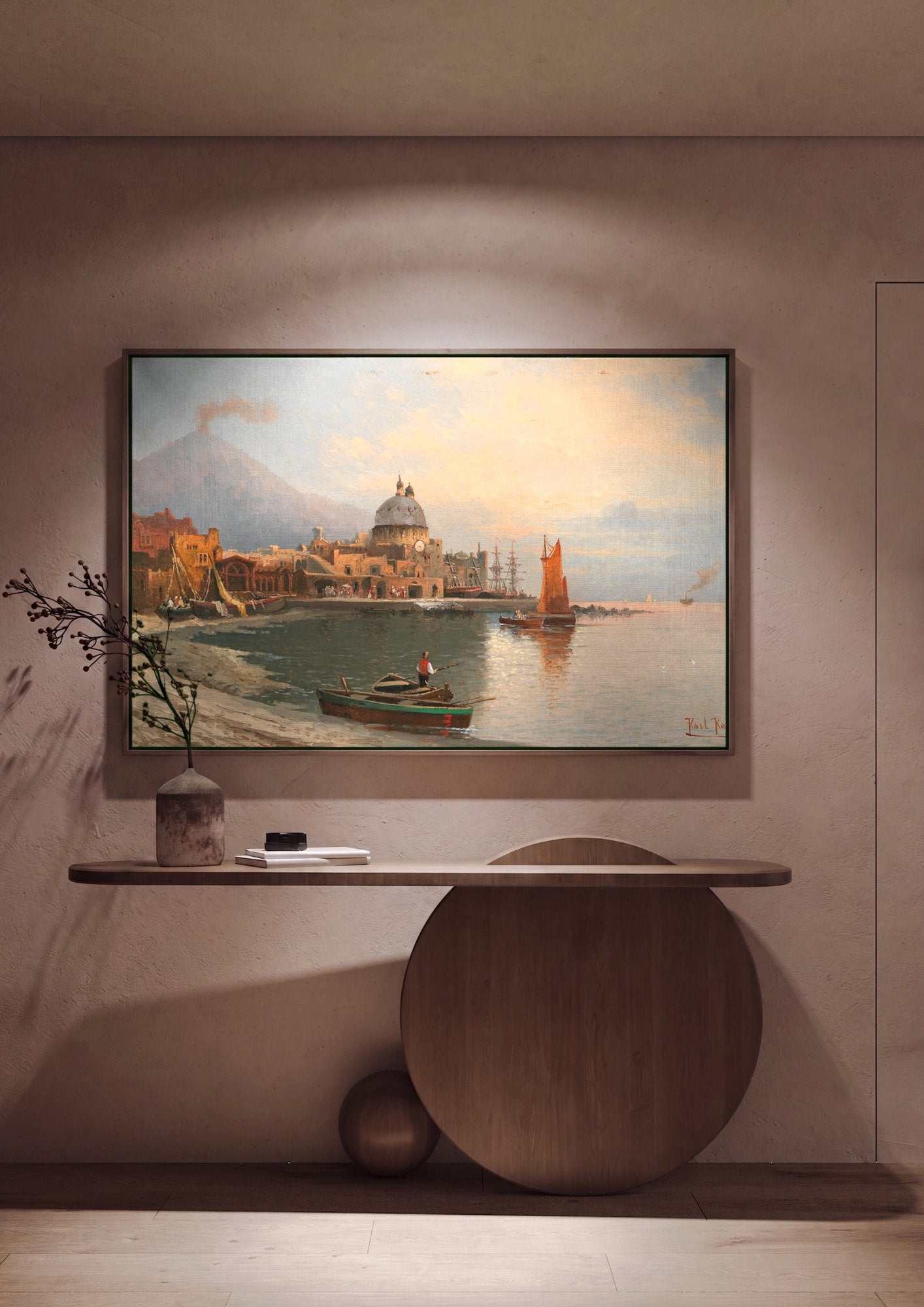 Quadro Decorativo Porto Italiano com Vulcão - Karl Kaufmann em ambiente decorado