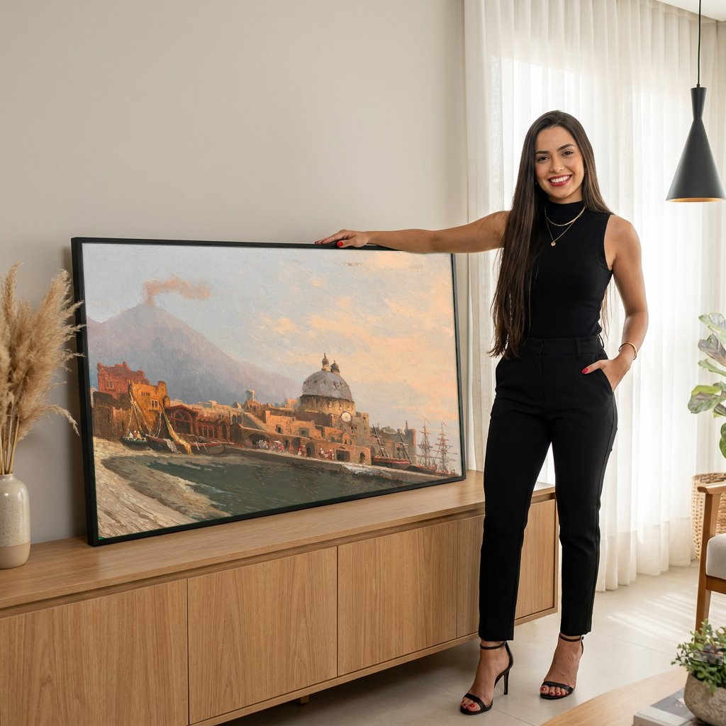 Quadro Decorativo Porto Italiano com Vulcão - Karl Kaufmann com modelo em ambiente