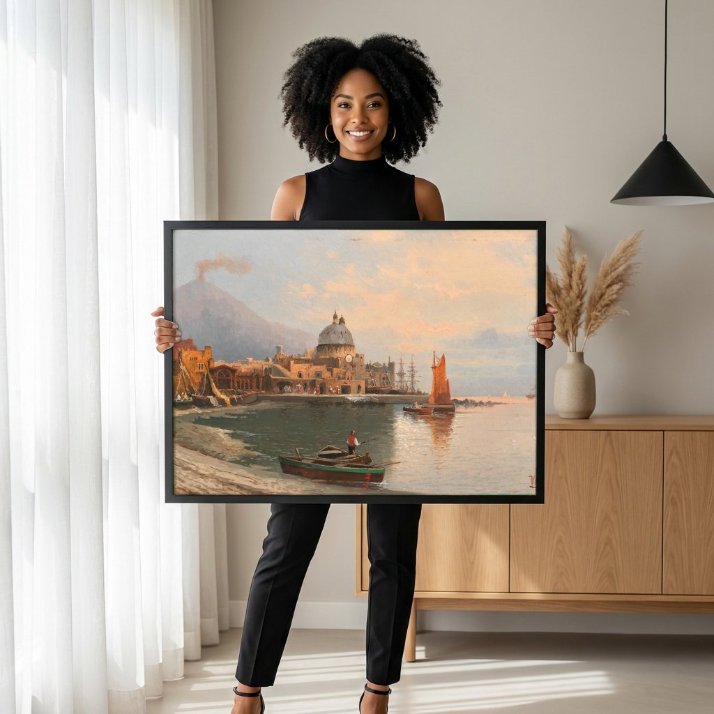 Quadro Decorativo Porto Italiano com Vulcão - Karl Kaufmann com modelo em ambiente
