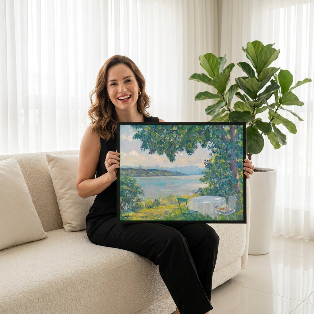 Quadro Decorativo 'A Sombra da Árvore' - Edward Cucuel | modelo apresentando o quadro emoldurado