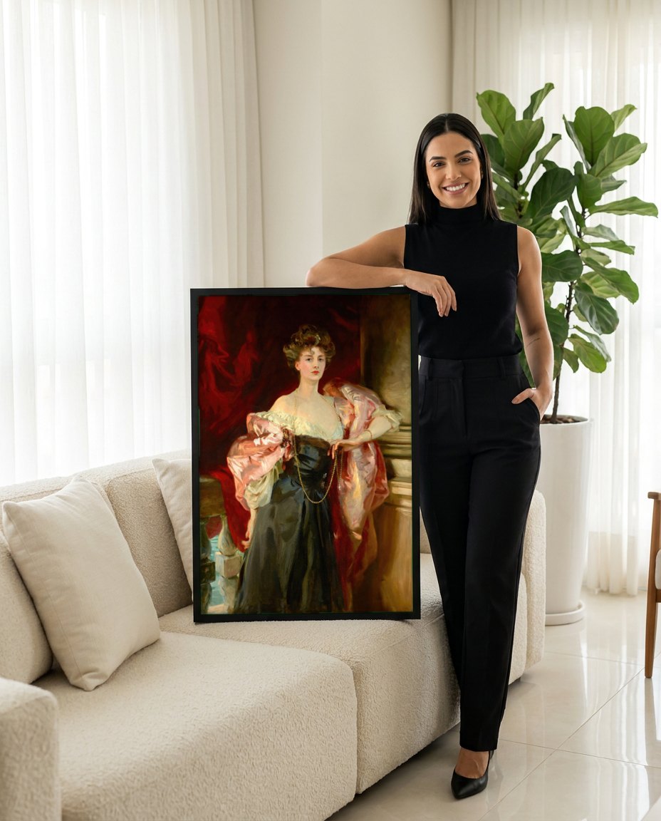 Quadro Decorativo Lady Agnew de Lochnaw - John Singer Sargent | modelo apresentando o quadro emoldurado