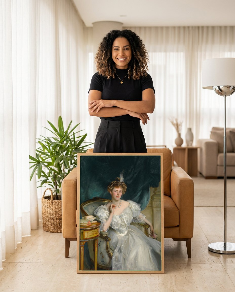 Quadro Decorativo Lady Agnew de Lochnaw - John Singer Sargent | modelo apresentando o quadro emoldurado