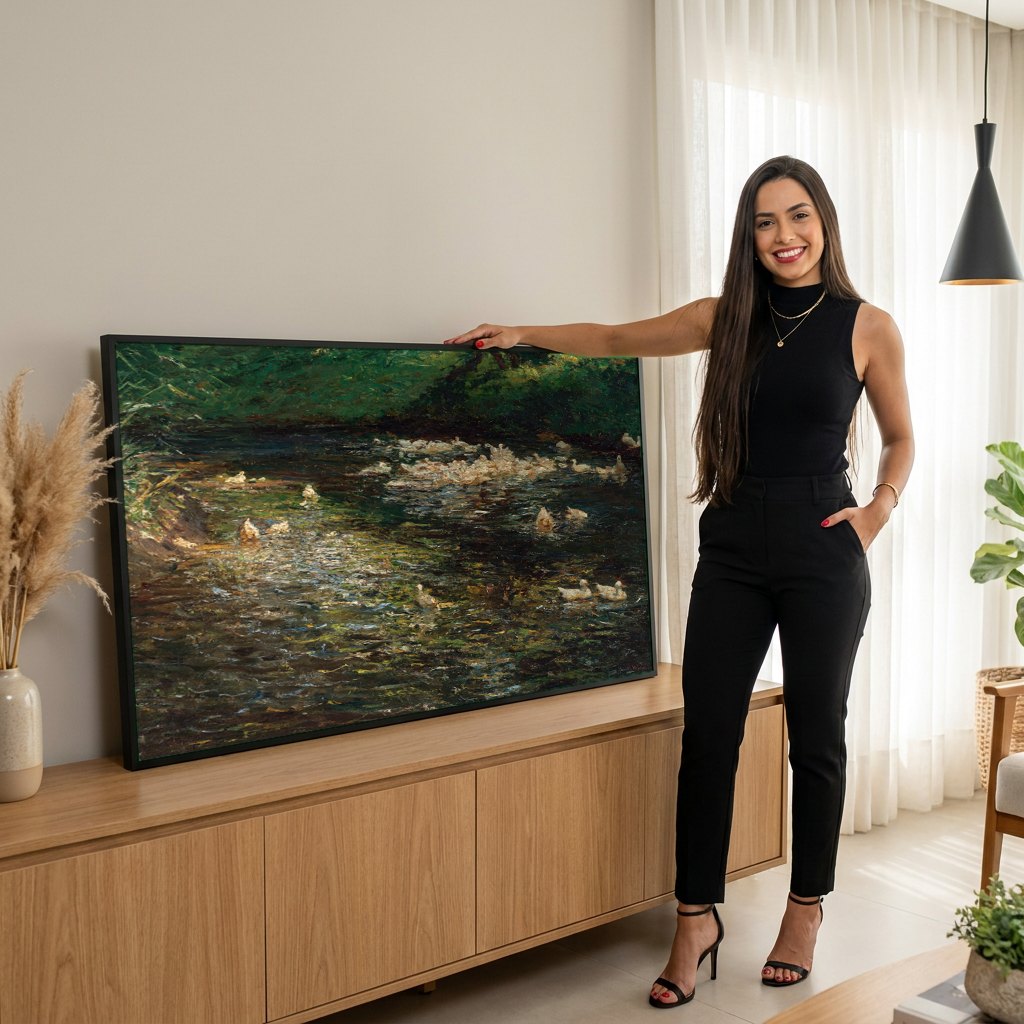 Quadro Decorativo Patos no Riacho - Olga Wisinger-Florian | modelo apresentando o quadro emoldurado
