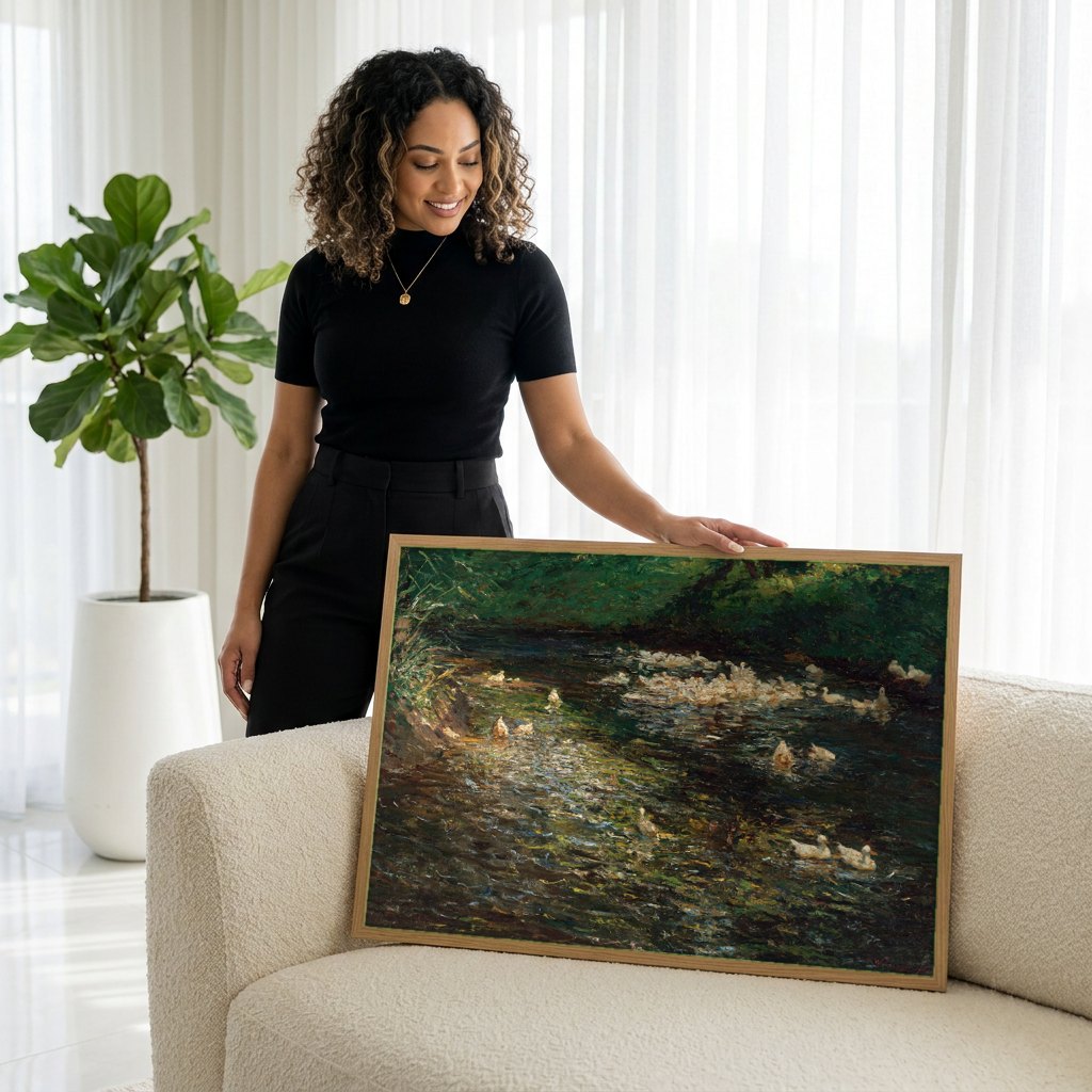 Quadro Decorativo Patos no Riacho - Olga Wisinger-Florian | modelo apresentando o quadro emoldurado