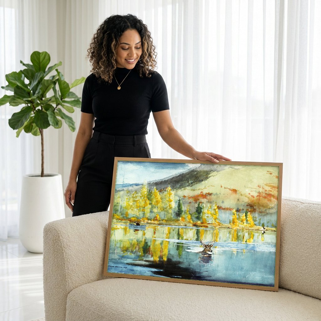 Quadro Decorativo Cervo no Lago - Winslow Homer | modelo apresentando o quadro emoldurado