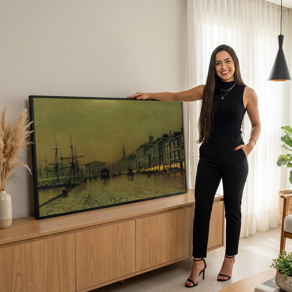 Quadro Decorativo Porto à Noite - Grimshaw | modelo apresentando o quadro emoldurado