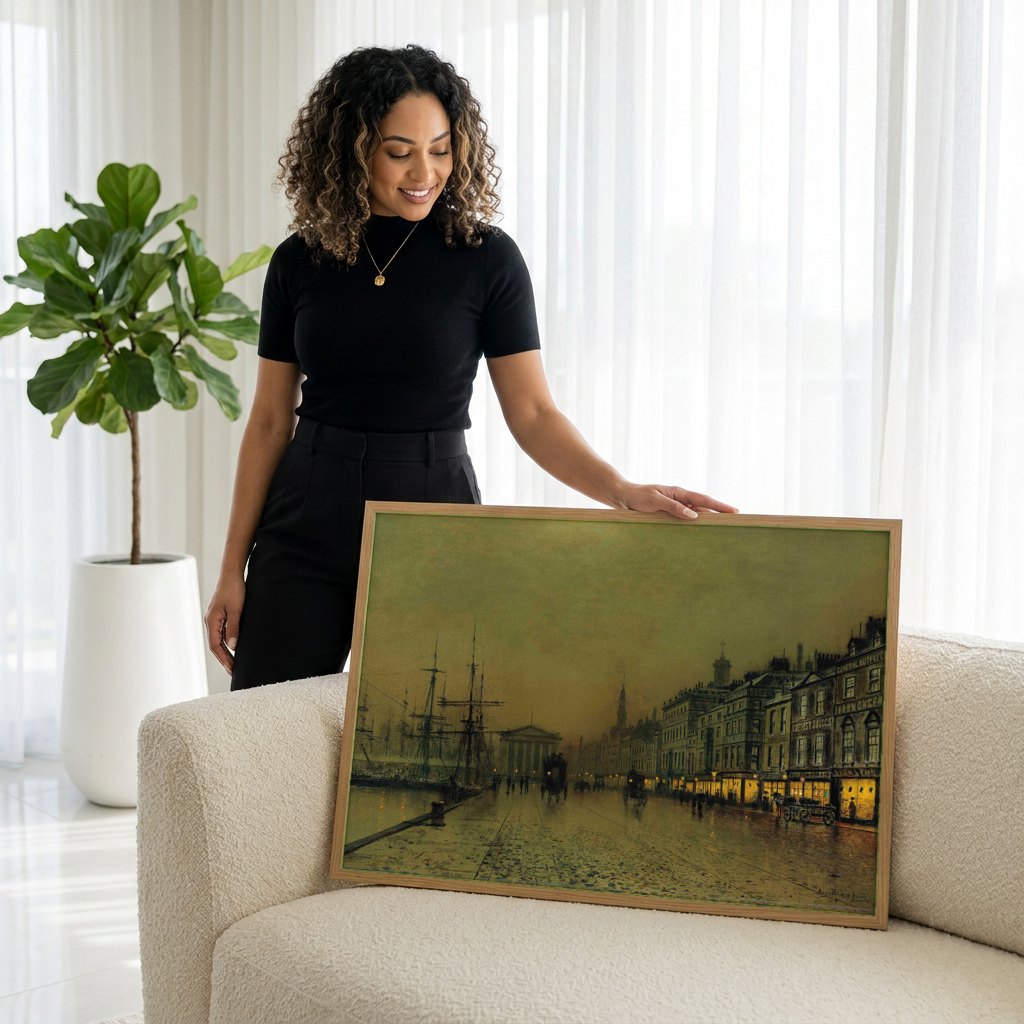 Quadro Decorativo Porto à Noite - Grimshaw | modelo apresentando o quadro emoldurado