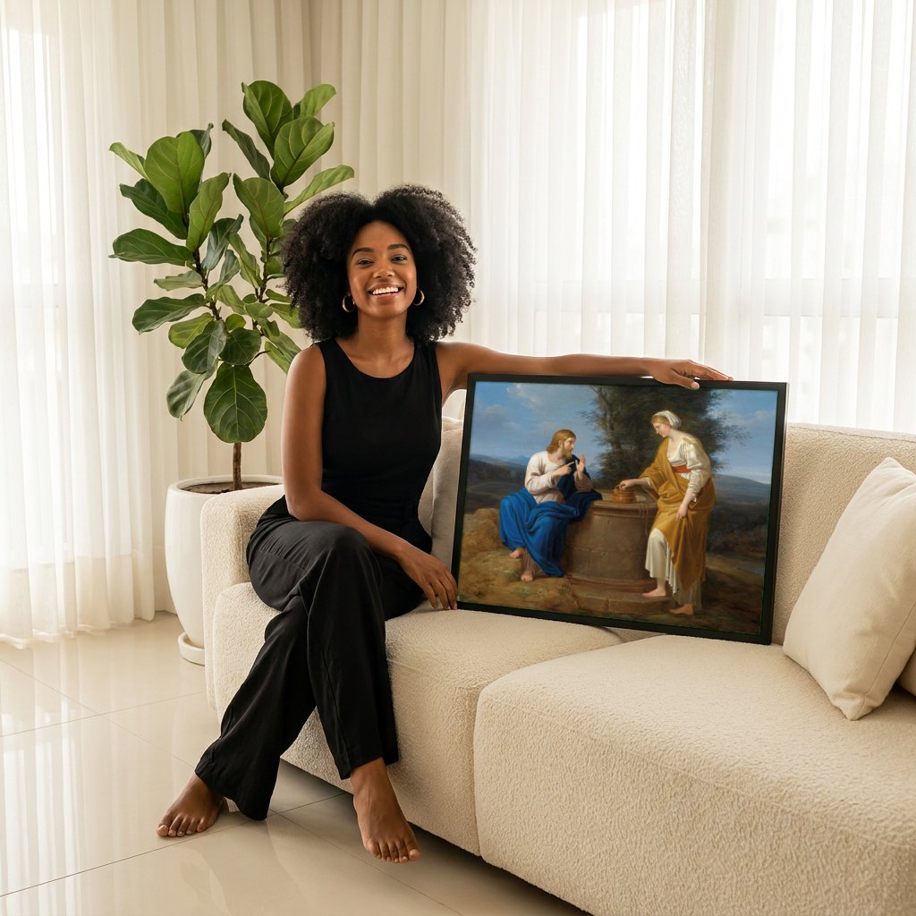 Quadro Decorativo Jesus e a Samaritana - Waldmüller | modelo apresentando o quadro emoldurado