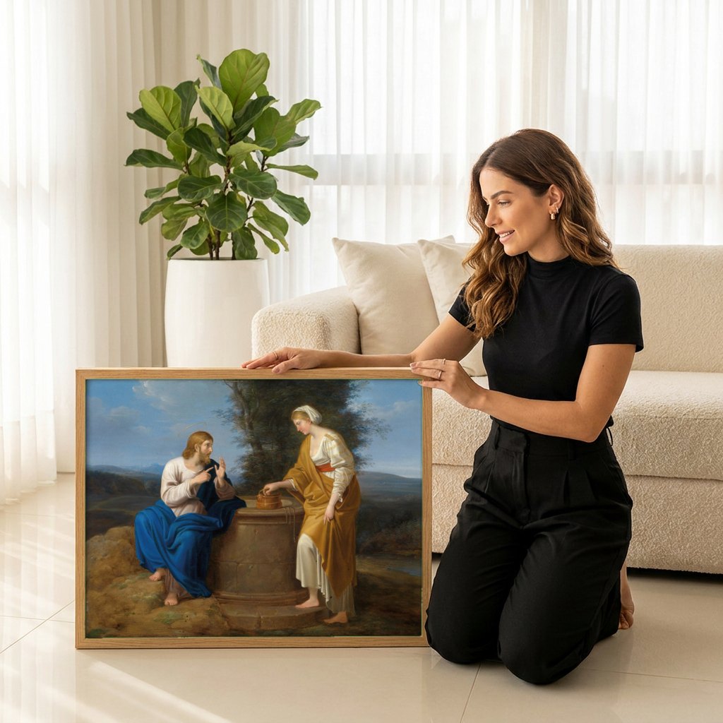Quadro Decorativo Jesus e a Samaritana - Waldmüller | modelo apresentando o quadro emoldurado