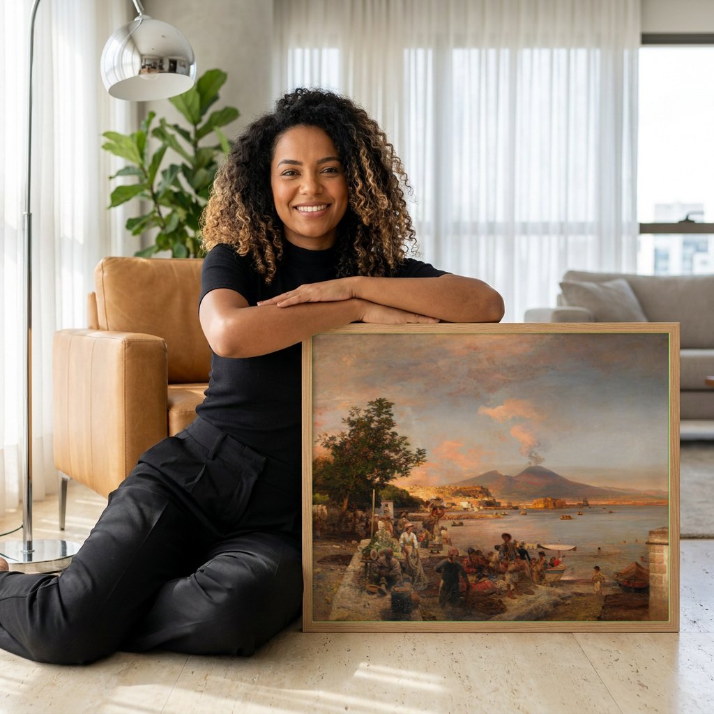 Quadro Decorativo Mercado em Nápoles - Oswald Achenbach | modelo apresentando o quadro emoldurado