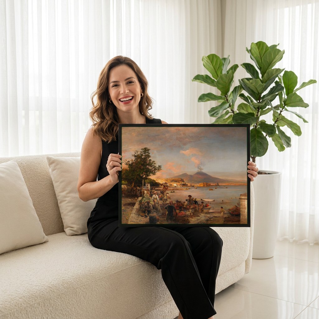 Quadro Decorativo Mercado em Nápoles - Oswald Achenbach | modelo apresentando o quadro emoldurado