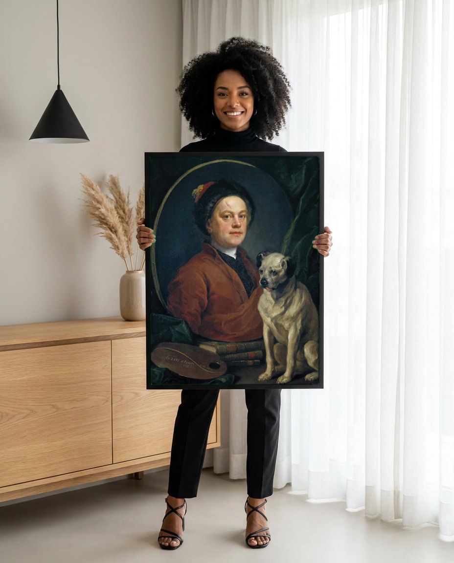 Quadro Decorativo Autorretrato com Cão - William Hogarth | modelo apresentando o quadro emoldurado
