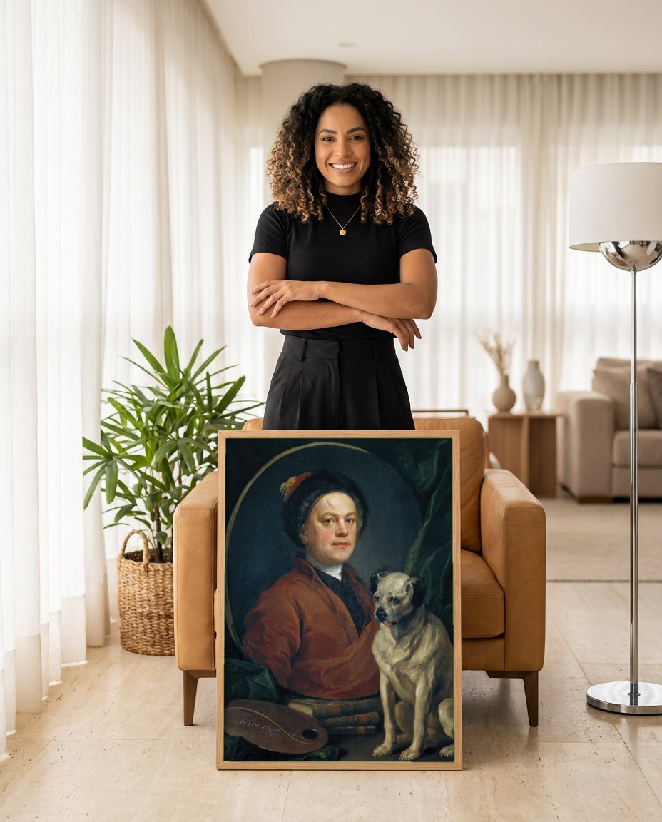 Quadro Decorativo Autorretrato com Cão - William Hogarth | modelo apresentando o quadro emoldurado