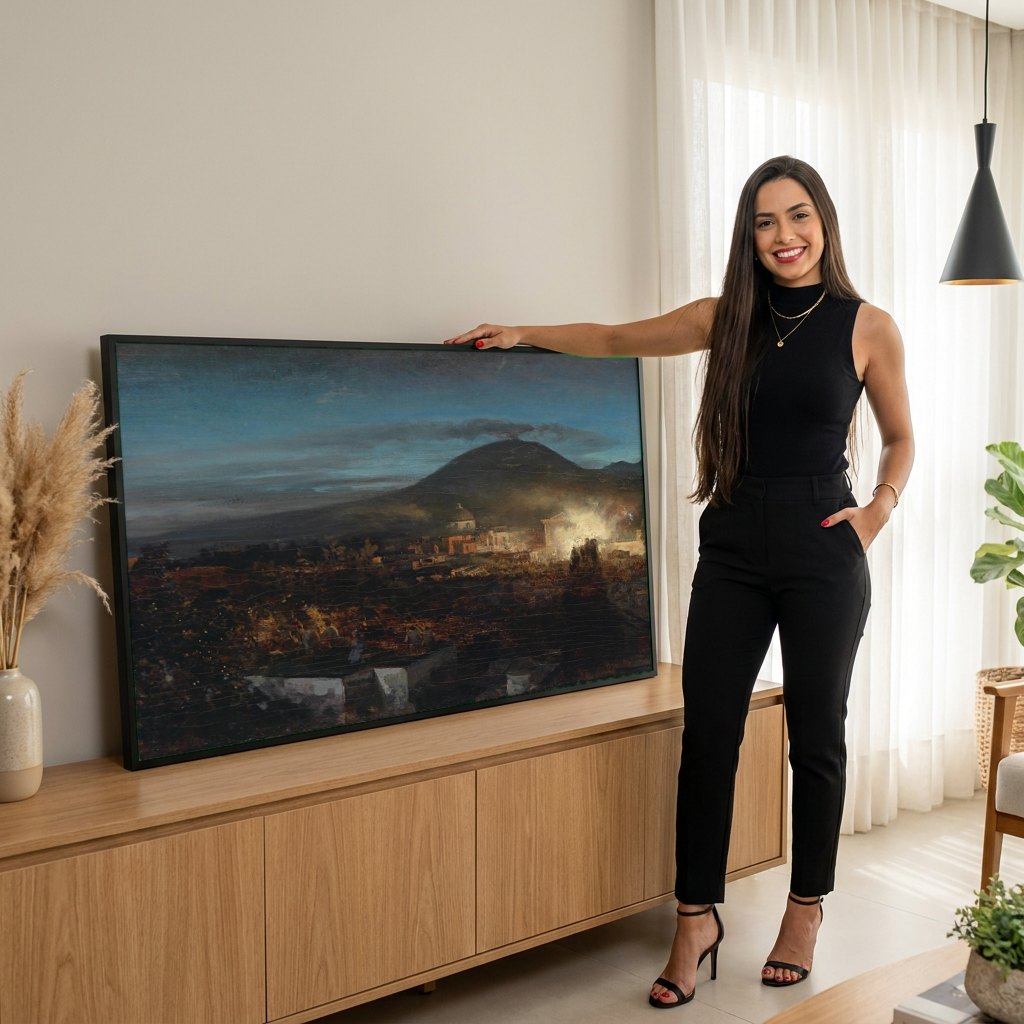 Quadro Decorativo Erupção do Vesúvio - Oswald Achenbach | modelo apresentando o quadro emoldurado