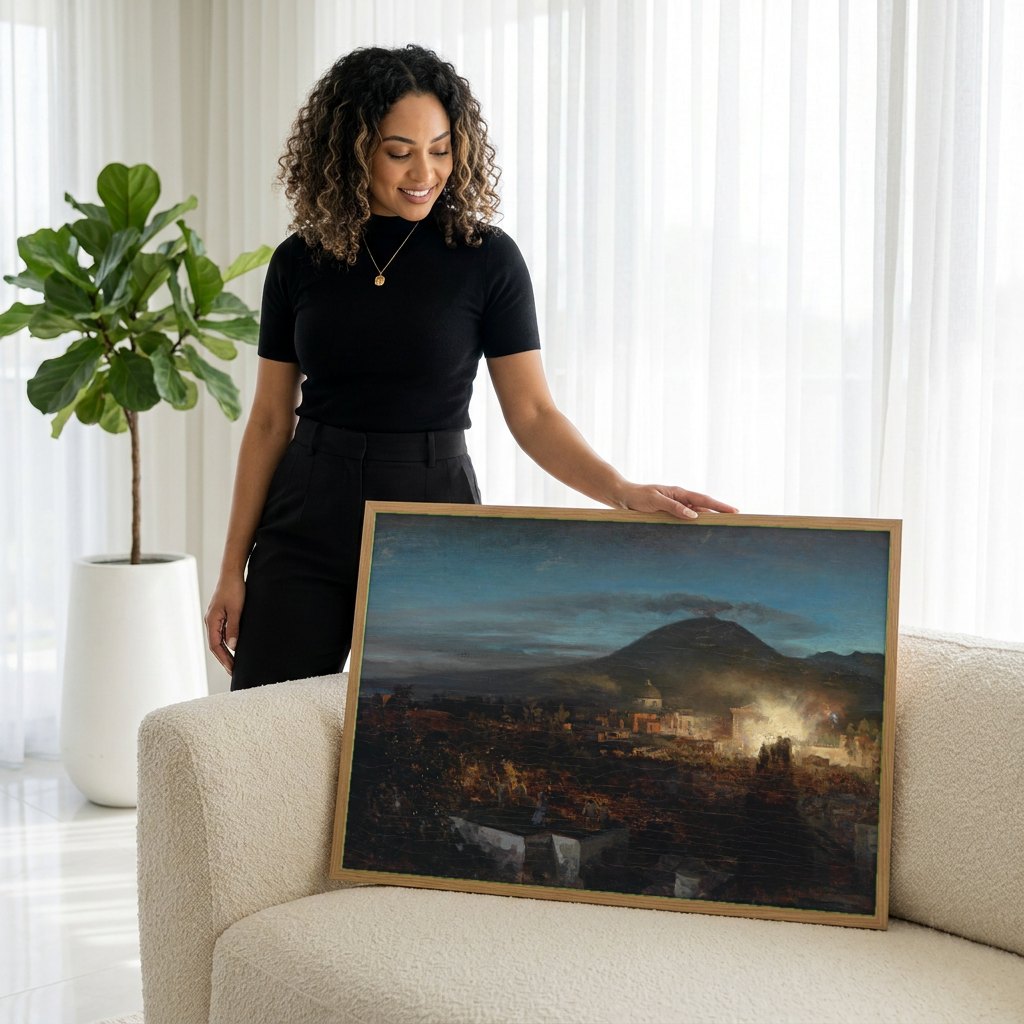 Quadro Decorativo Erupção do Vesúvio - Oswald Achenbach | modelo apresentando o quadro emoldurado