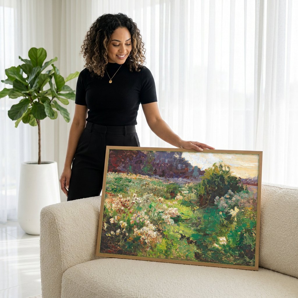 Quadro Decorativo Campo de Flores - Olga Wisinger-Florian | modelo apresentando o quadro emoldurado