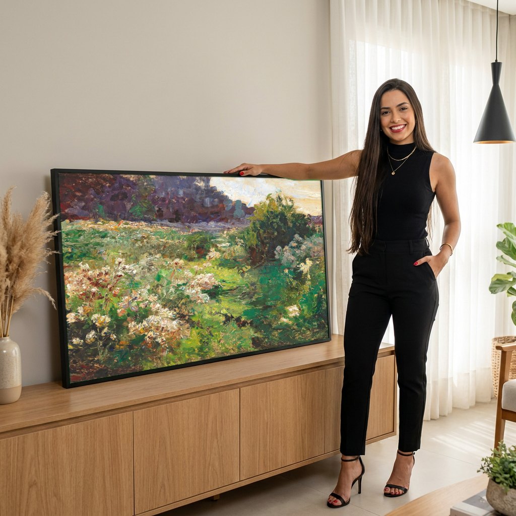 Quadro Decorativo Campo de Flores - Olga Wisinger-Florian | modelo apresentando o quadro emoldurado