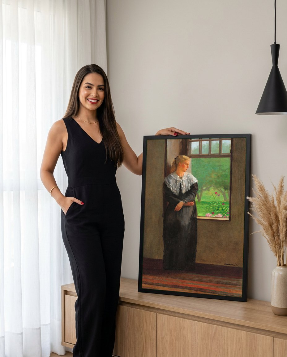 Quadro Decorativo 'The New Novel' - Winslow Homer | modelo apresentando o quadro emoldurado