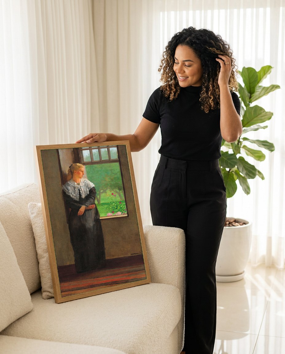 Quadro Decorativo 'The New Novel' - Winslow Homer | modelo apresentando o quadro emoldurado