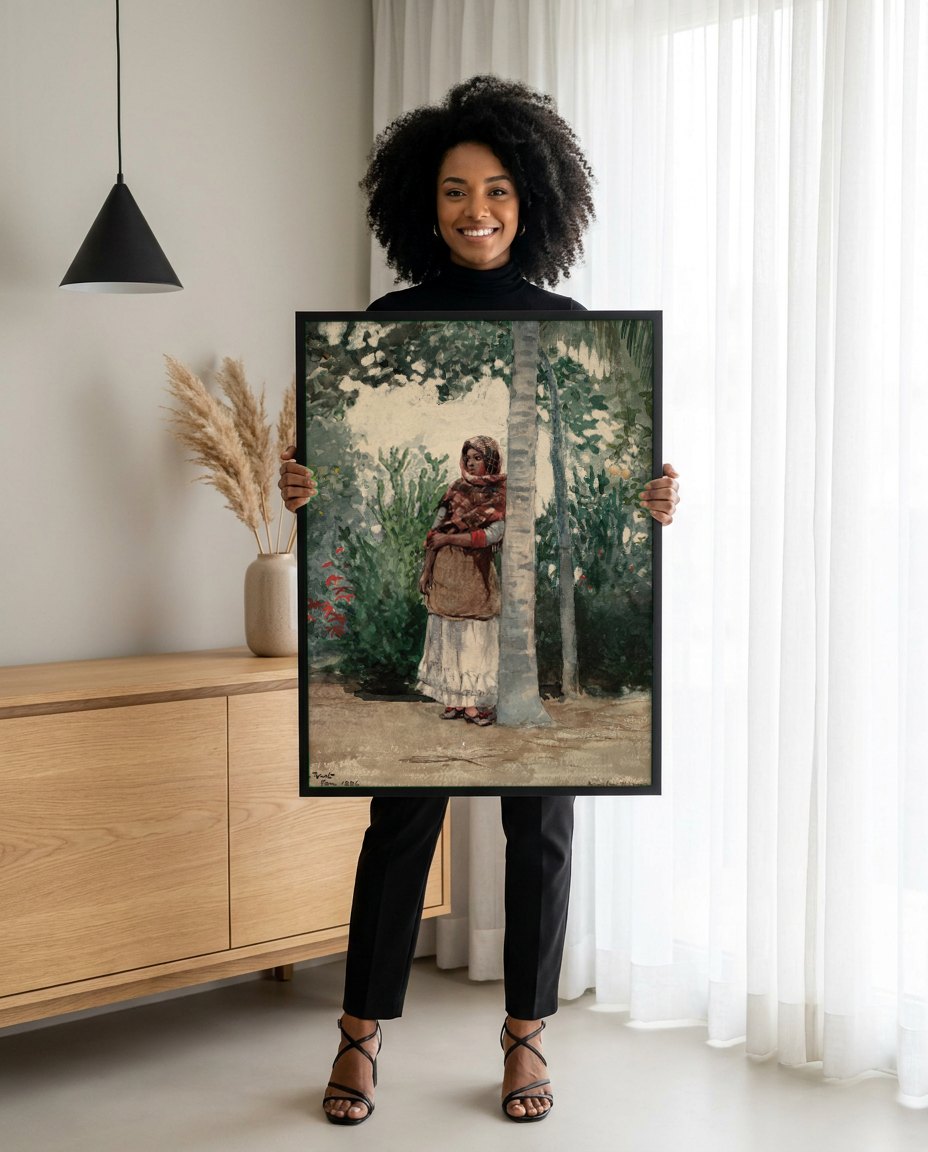 Quadro Decorativo 'A Sombra da Palmeira' - Winslow Homer | modelo apresentando o quadro emoldurado