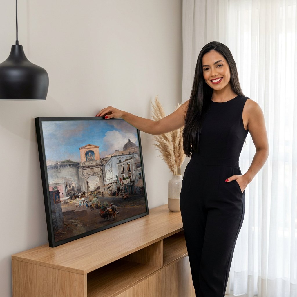 Quadro Decorativo Mercado em Nápoles - Oswald Achenbach | modelo apresentando o quadro emoldurado
