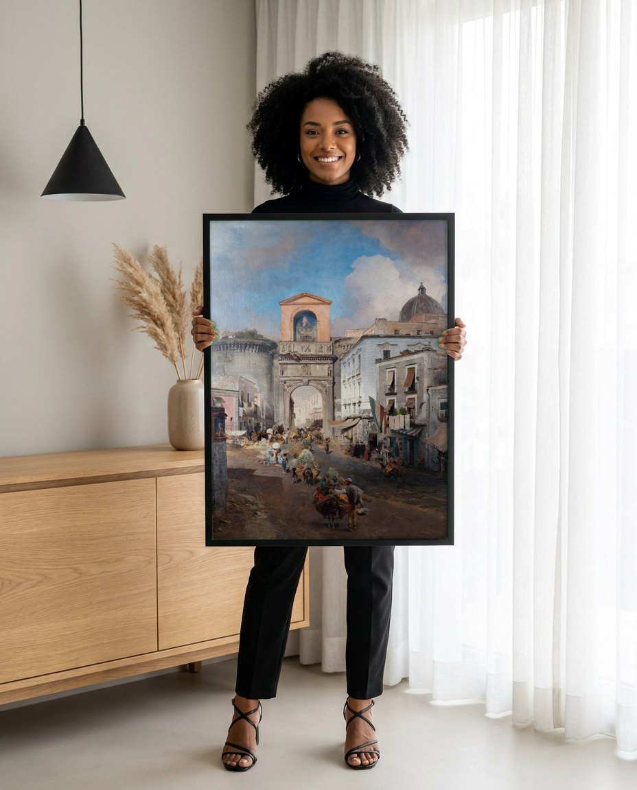 Quadro Decorativo Mercado em Nápoles - Oswald Achenbach | modelo apresentando o quadro emoldurado