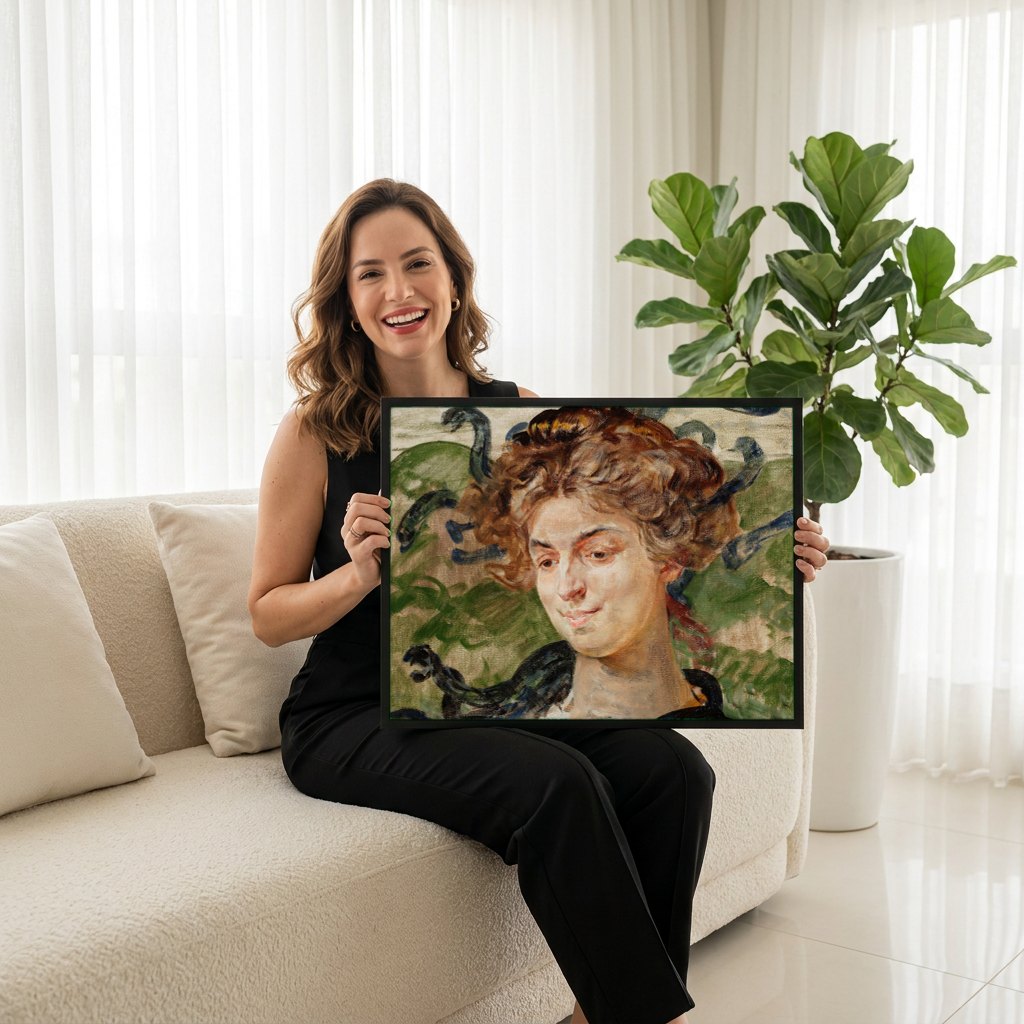 Quadro Decorativo A Medusa - Jacek Malczewski | modelo apresentando o quadro emoldurado