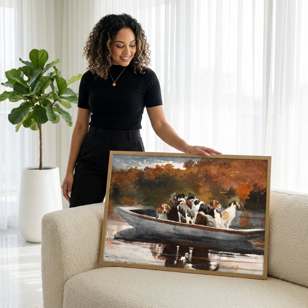 Quadro Decorativo Cães na Canoa - Winslow Homer | modelo apresentando o quadro emoldurado